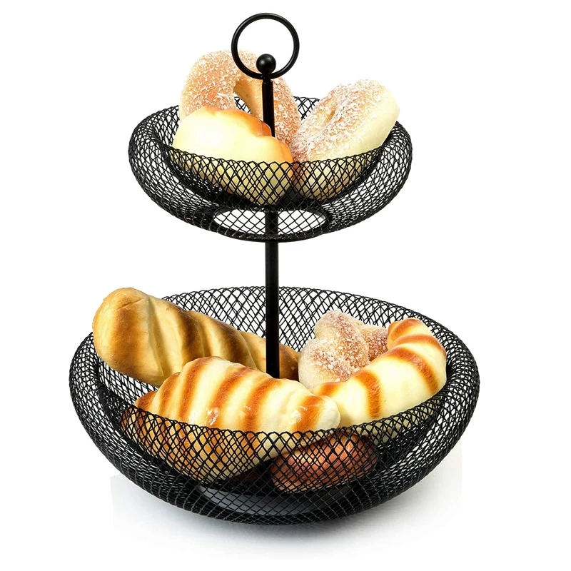 2-Tier Fruit Basket,Wire Fruit Bowls Holder,Decorative Fruits Basket,Kintchen Storage Basket For Snacks Vegetables,Black