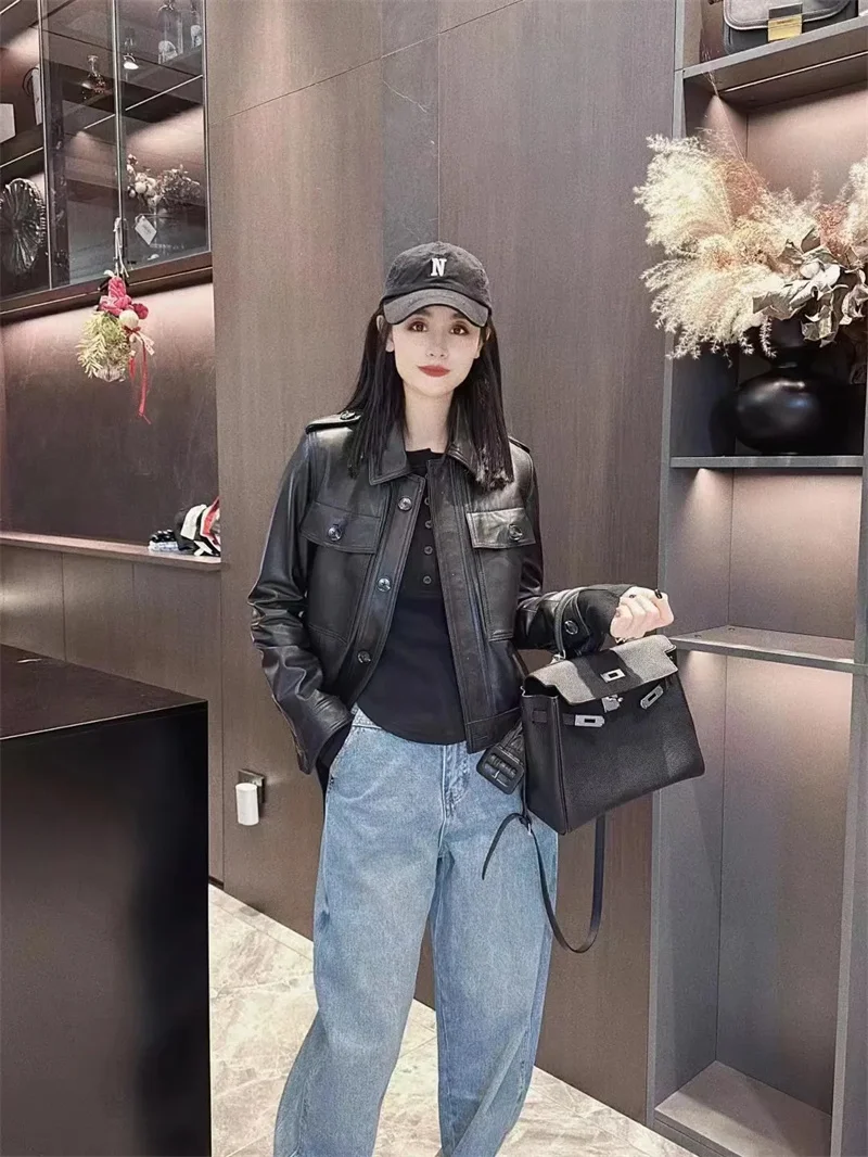 

Haining 2025 New Leather Jacket Women's Genuine Leather Sheepskin Motorcycle Short Style Same as Mrs Chen