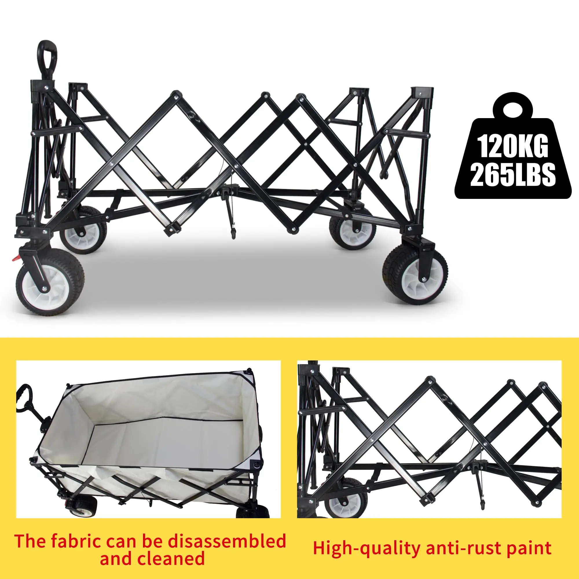 Collapsible Wagon 445L Heavy Duty Foldable Cart with All-Terrain Wheels, Canopy & Brakes - Extra Large Utility Wagon