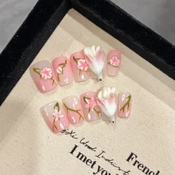 10 pezzi fatti a mano in stile cinese 3d fiori di volpe adesivo rosa Set di unghie finte acriliche ragazze carine incollate stampa finta sulle unghie acrilico