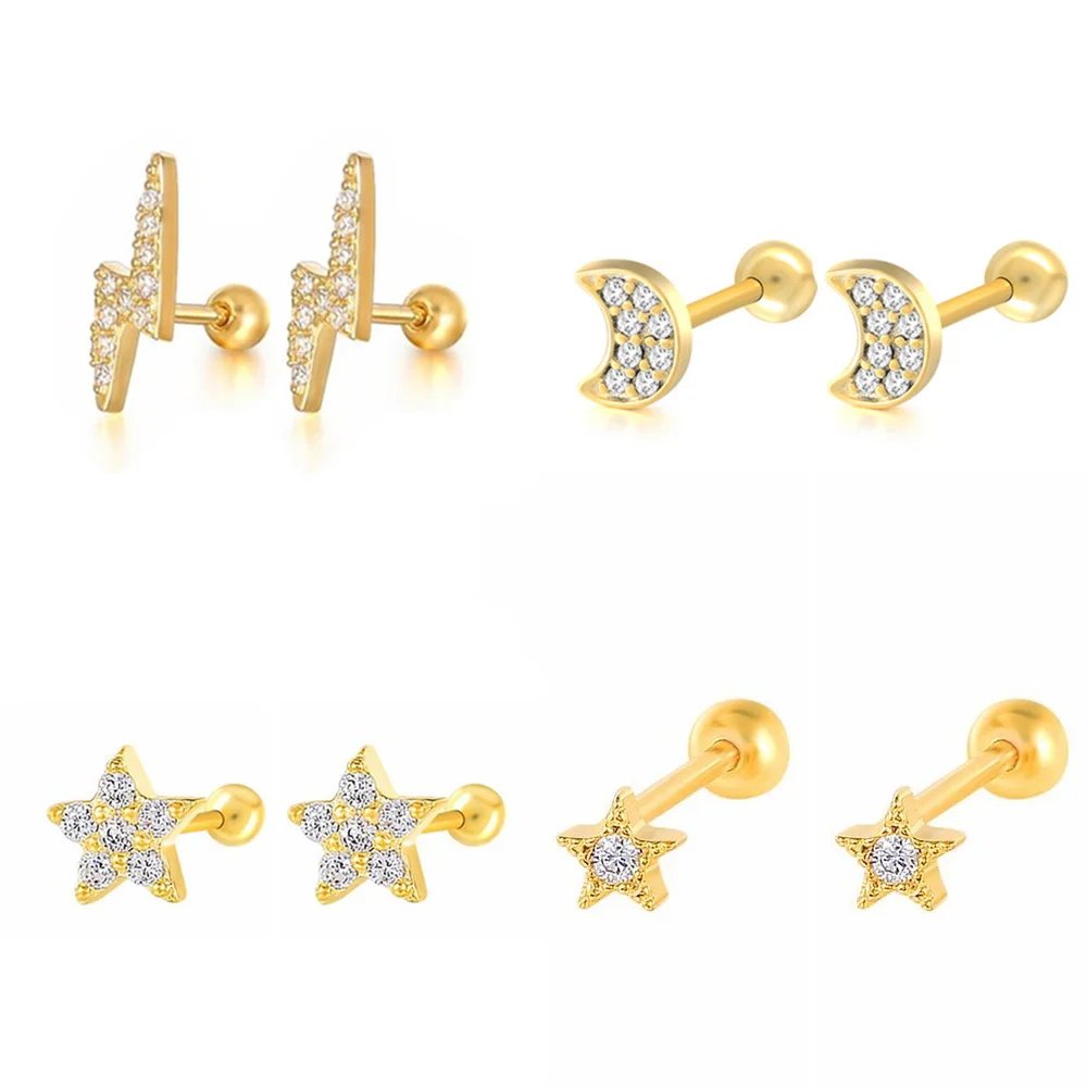 1PC Star Moon Lightning Zircon Gold Color Cartilage Tragus Lobe Flat Piercing Stud Earrings For Women Labret Ring Body Jewelry