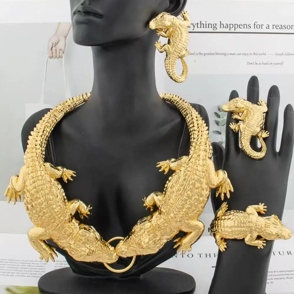 

African Large Crocodile Jewelry Set for Women Necklace Earrings Bracelet Bride Wife Anniversary Gift