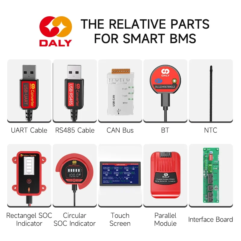 Daly Smart BMS Lifepo4 Li-ion Accessories 3s-24s 30A-500A 4s 8s 16s Touch Control Screen LCD Display And BT CAN BUS Light Board