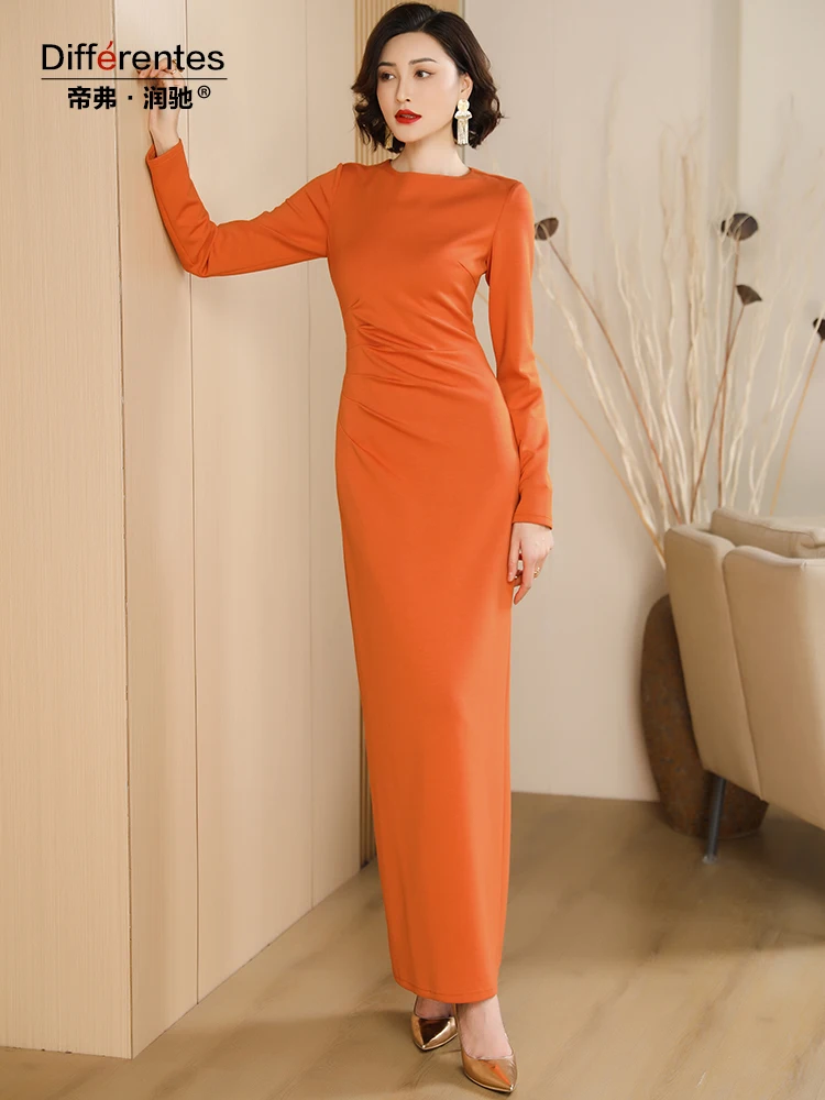 Spring Autumn Orange Pencil Dress Office Lady A-line Split Slim Cut  Straight Dress Slim Fit Bodycon Dress Long Sleeve - AliExpress 200000345