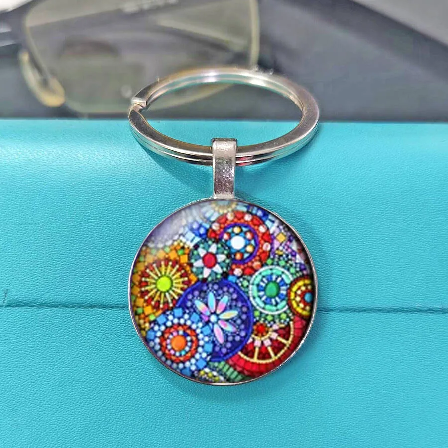 Tibetan Buddha Lotus Yin Yang Keychain Mixed Sacred Geometry Fractal Bloom Mandala Glossy Dome Glass Key Ring Pendant