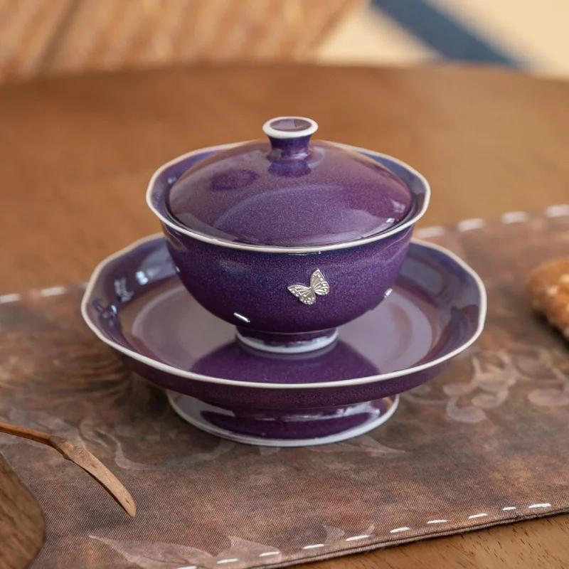 Purple Jun Glaze Three Cover Bowl Tea Cup Small Tea Bowl Kung Fu Tea Set With Cover Ceramic Household Curium Nail Plum Flower