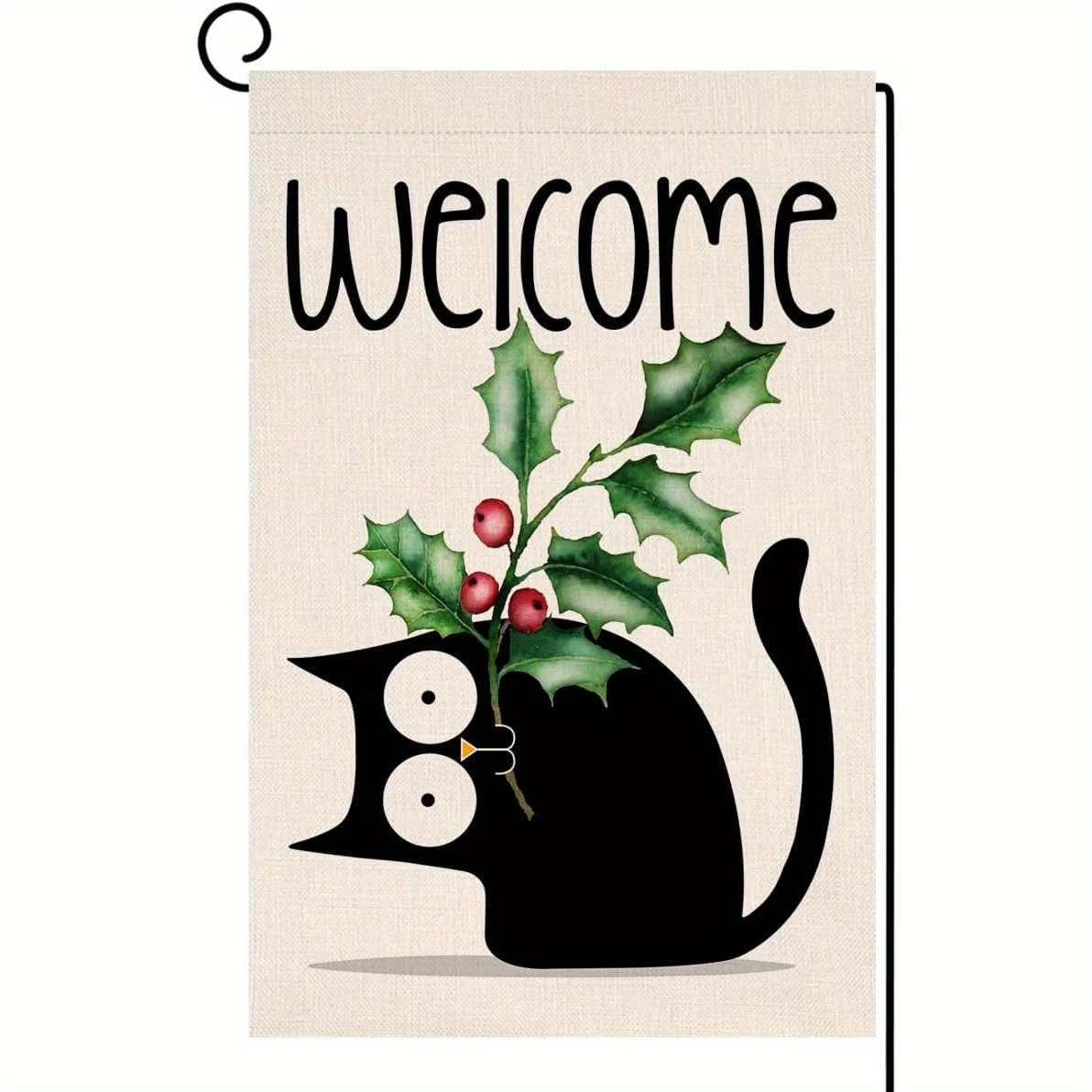 Christmas Cat Flag Double-Sided Christmas Cat Garden Flag 12x18 Vertical Black Cat with Holly Berries Welcome Design