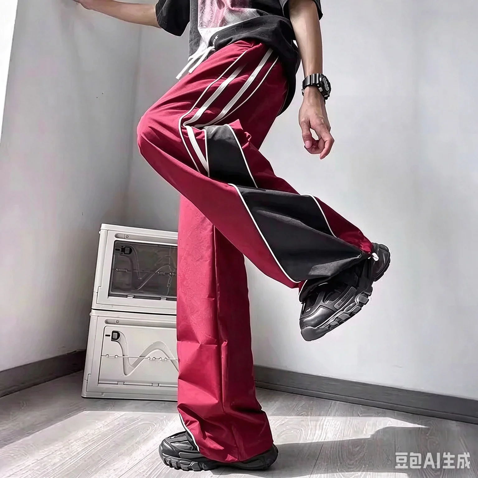 Heißer Verkauf Unisex gebogene weiße Seitenstreifen-Fallschirmhose mit weitem Bein, lockere Baggy-Hose für Herren, Hip-Hop-Streetwear, lässige Sporthose – Detail 10