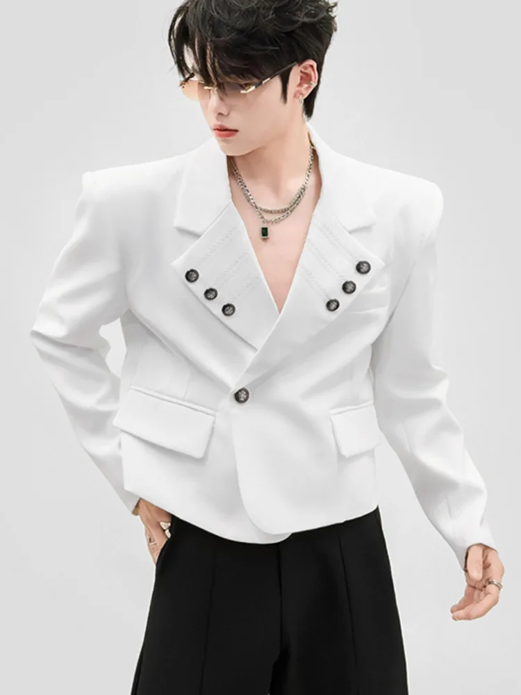 New Metal Button Decor High Waist Cropped Blazer Men Shoulder Padded Short Suit Jacket Lapel Multi Button Fashion VCF54