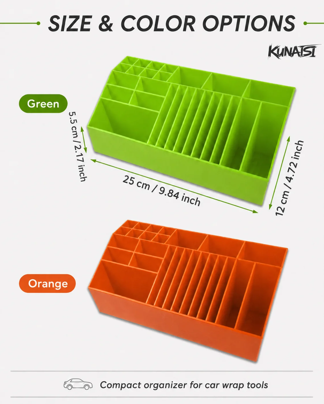 KUNAISI Auto-Folierungswerkzeug-Aufbewahrungsbox Mehrzweck-Organizer für Vinyl-Tönungsfolie Rakelklingen Werkzeuge Grün Orange – Detail 2