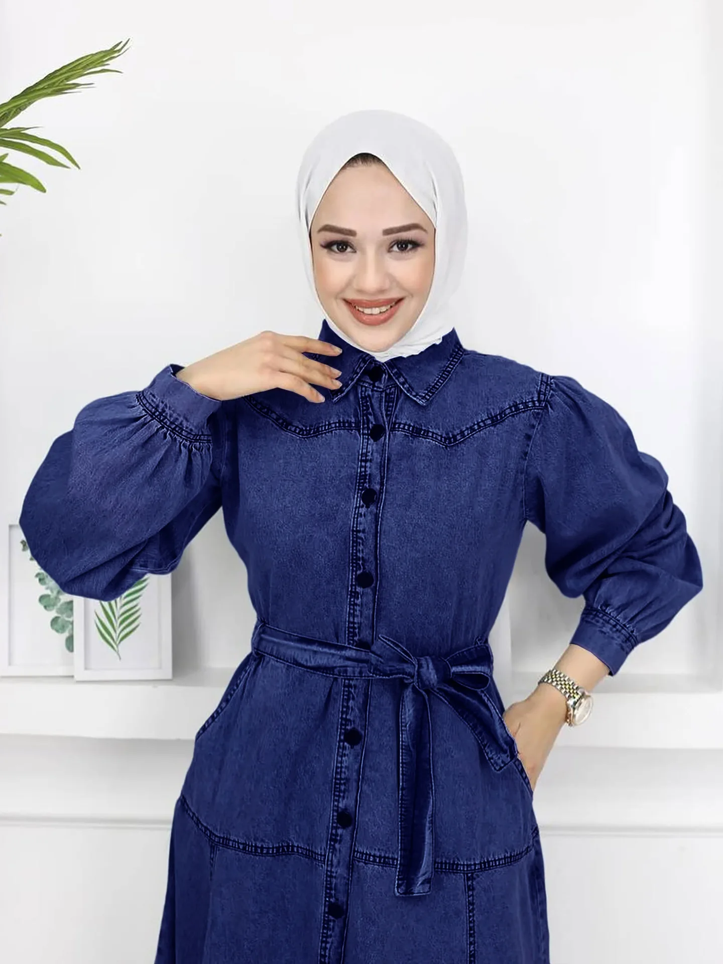

2025 Autumn Winter New Denim Maxi Dress Muslim Women Party Gown Dubai Abaya Saudi Arabic Robe Kaftan Kebaya Islam Clothing Gown