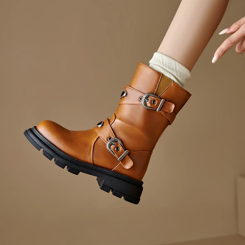 SIMLOVEYO 2024 British Midcalf Boots Vintage Slip On 4.5cm Heel Faux Leather Buckles Big Size 43 44 US13 Cowboy Wide Leg image 6