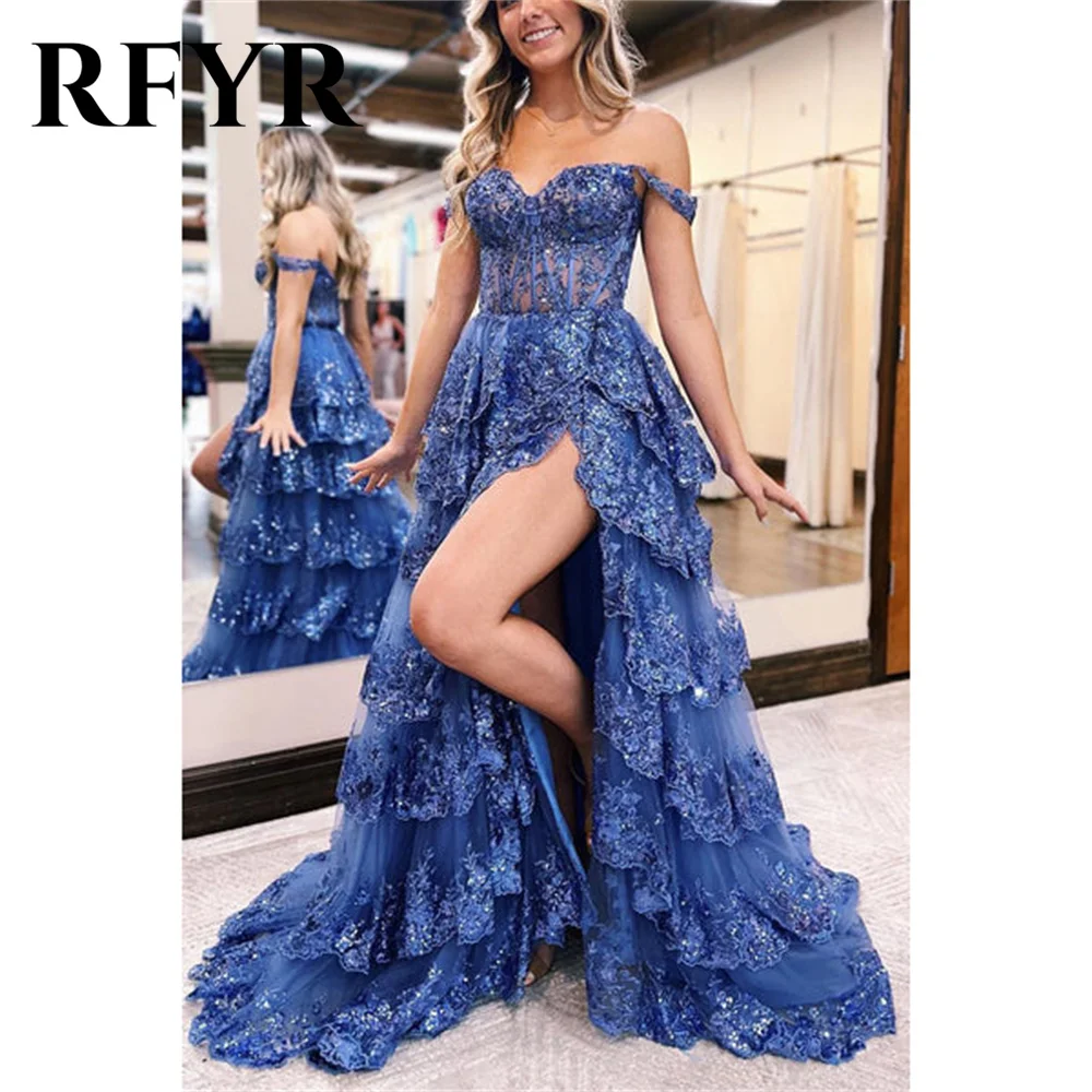 RFYR Off Shoulder Blue Formal Dress Shining Party Dress For Wedding Tiered Layer Special Occasion Dress with Slit Customized