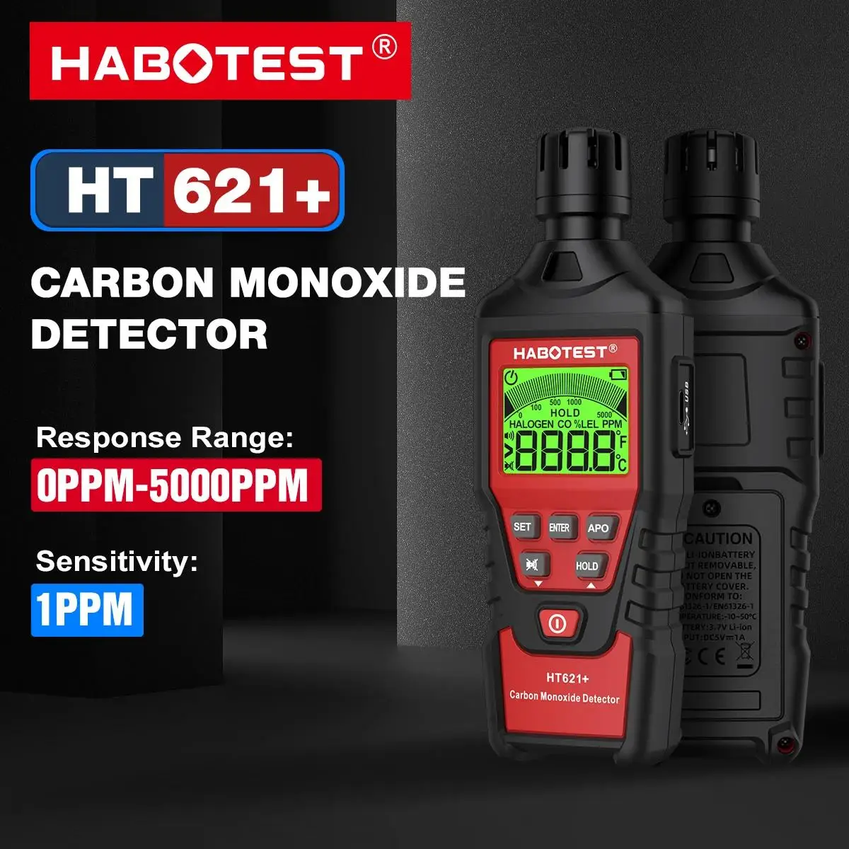 HABOTEST HT621 + مقياس أول أكسيد الكربون مع جهاز اختبار غاز ثاني أكسيد الكربون عالي الدقة كاشف قياس الصوت والضوء إنذار 0 ~ 5000ppm