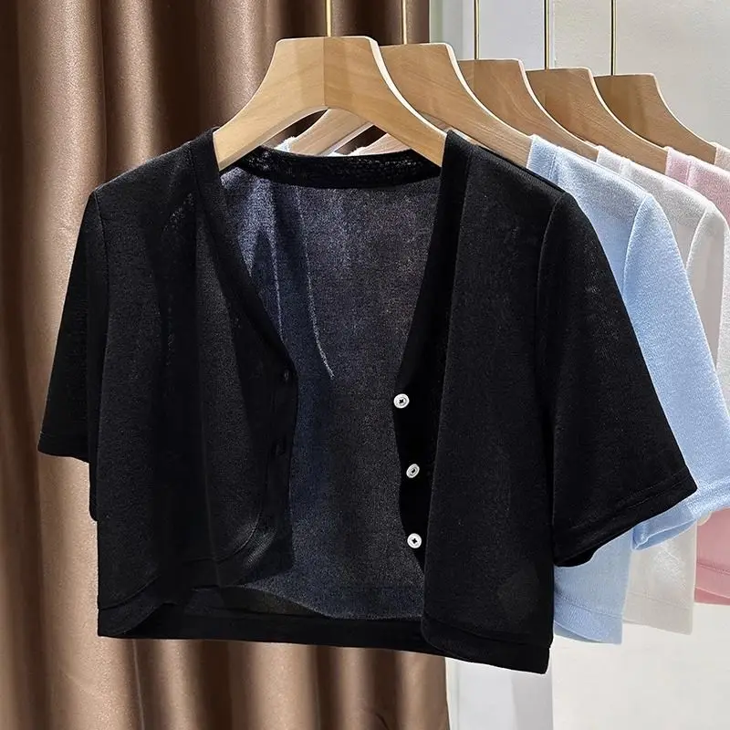 Chaqueta corta de manga corta para mujer, cárdigan blanco y negro, ropa de abrigo fina, novedad de verano, 2024