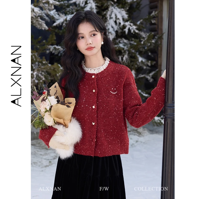 ALXNAN Rote Strickjacke, gespleißter Spitzenkragen, schicke Perlenknöpfe, Kaschmir-Strickjacke für Damen, 2025, Weihnachts-Burgunder-Wollpullover L52502