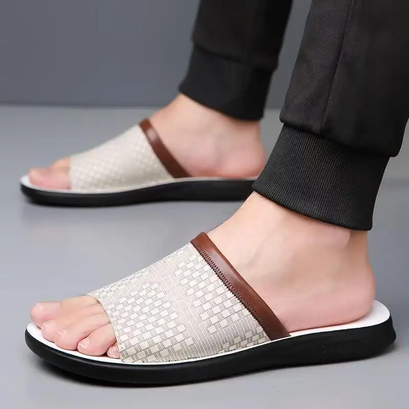 Men's Summer New Real Leather Big Size Flat sole Slippers Soft Sole Non Slip Open Toe Fashionable Outdoor Slippers Sandals