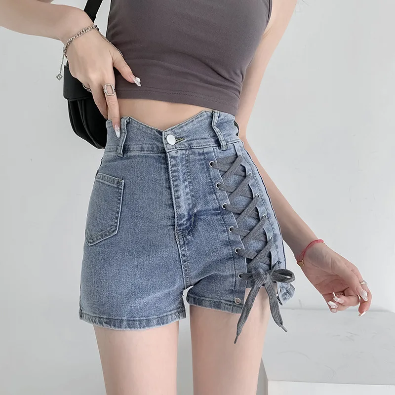 

Y2k Jeans Shorts For Women's Summer Slim Fit Frenulum Ornament Korean Style High Waist Blue Streetwear Y2k Fashion Denim Shorts