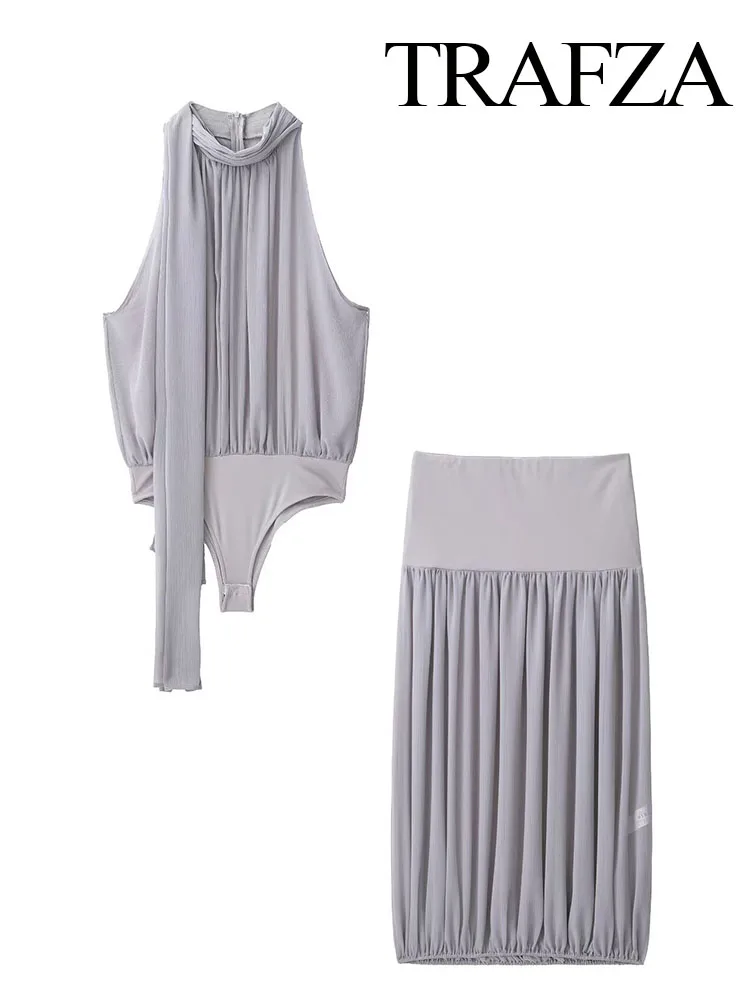 

TRAFZA Women's Gauze Bodysuit Suit Fashion Sexy Bow Decorated Tulle Zipper Sleeveless Jumpsuit+Elegant Balloon Style Midi Skirt