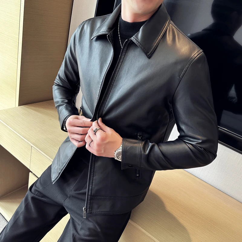 Men's Motorcycle Leather Jacket Large Size Pocket Black Zipper Lapel Slim Fit Male Spring Autumn High Quality PU Coat