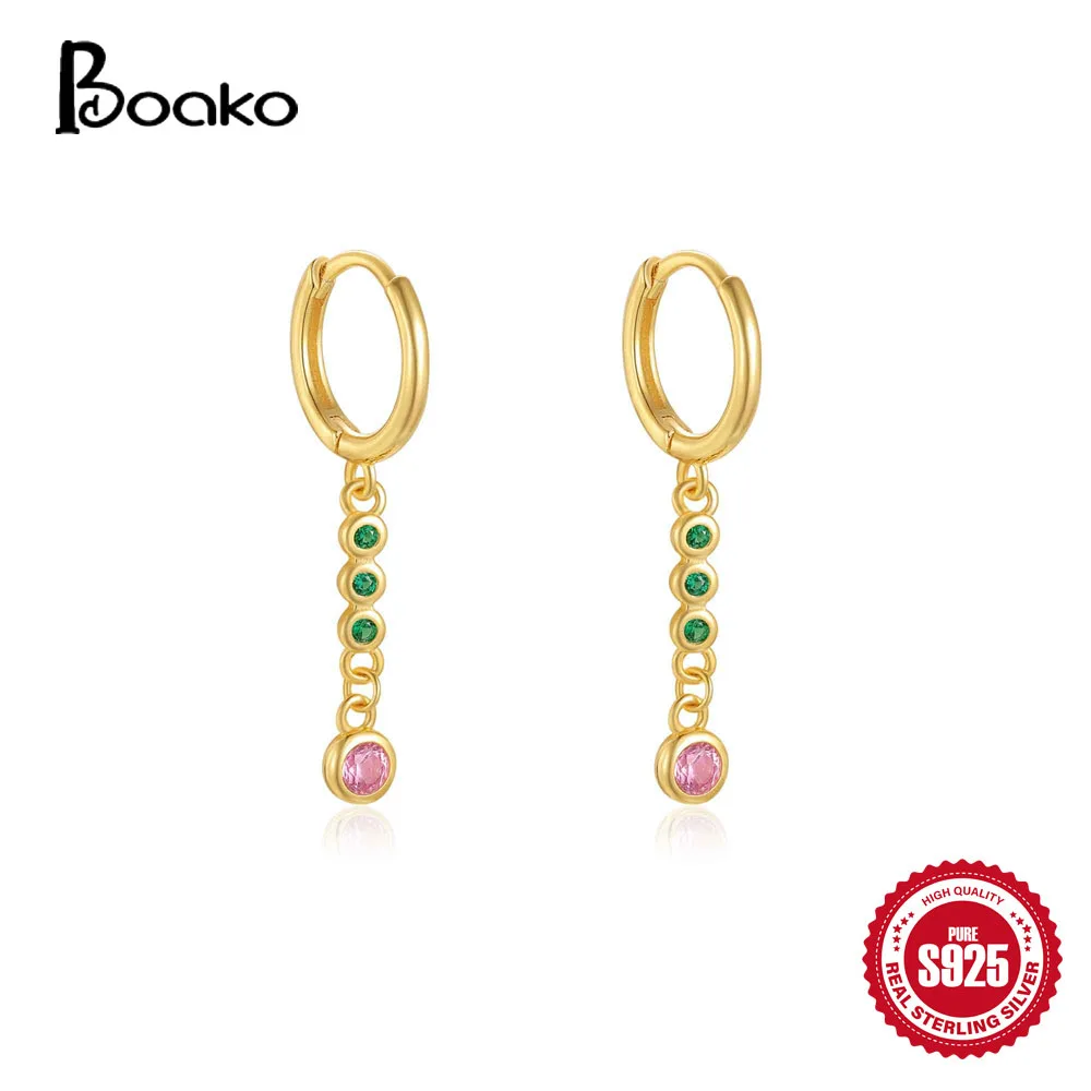 BOAKO 925 Sterling Silver Round Pink Green Cubic Zirconia Pendant Earrings For Women Wedding Engagement Jewelry Sweet Earring