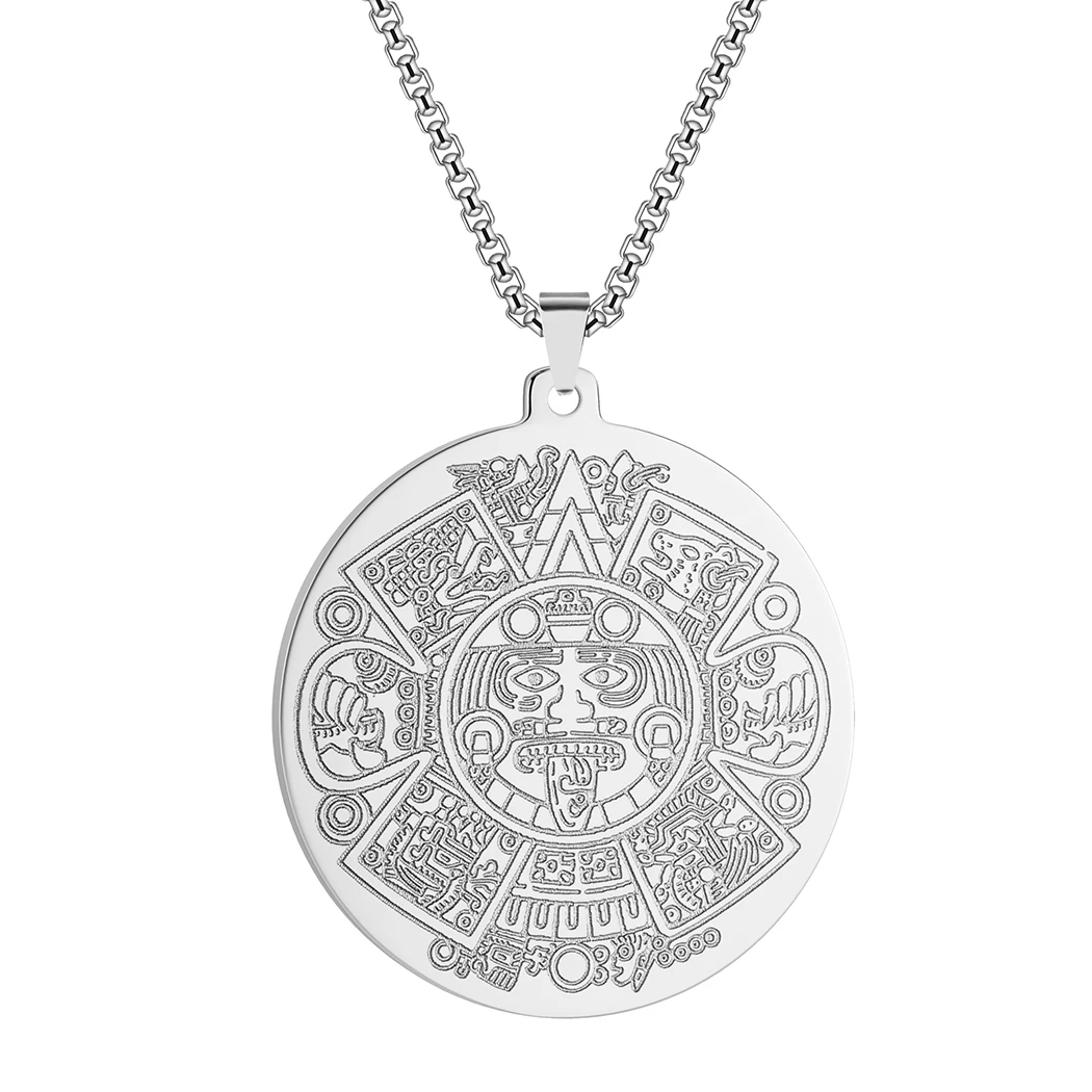 CHENGXUN Aztec Mayan Calendar Pendant Necklace for Men Boys Stainless Steel Amulets Round Coin CharmSteel Hip Hop Chains for Men