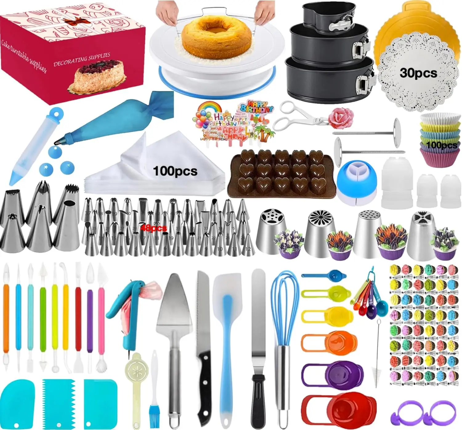 

390pcs Cake Decorating Supplies,Cake Decorating Kit 3 Packs Springform Cake Pans, Cake Rotating Turntable, 54 Piping Icing Tips