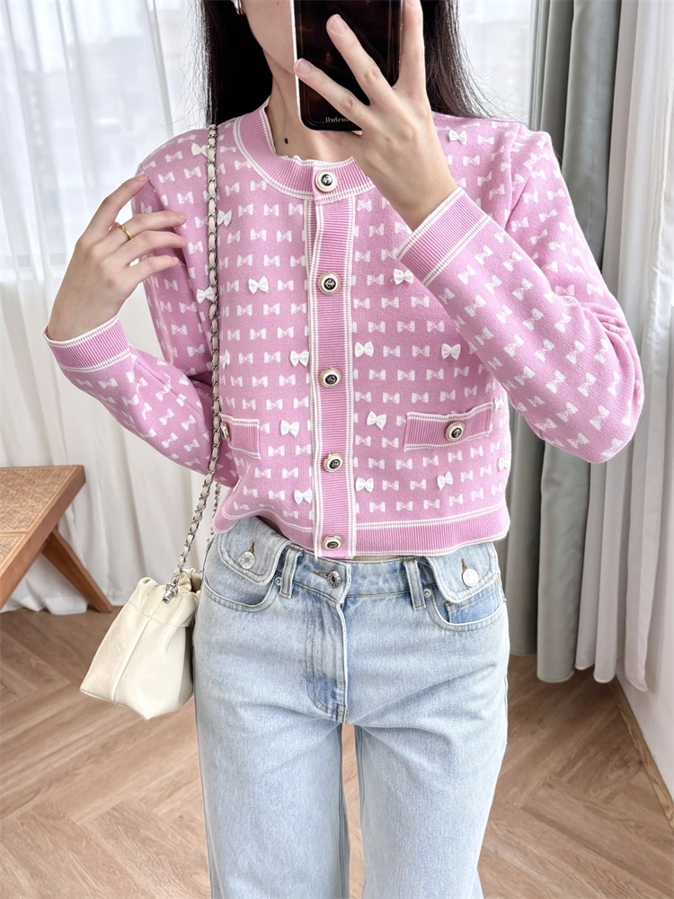 Sweaters for women fashion 2024 Bow tie cardigan heavy industry three-dimensional jacquard knitting design, slimming