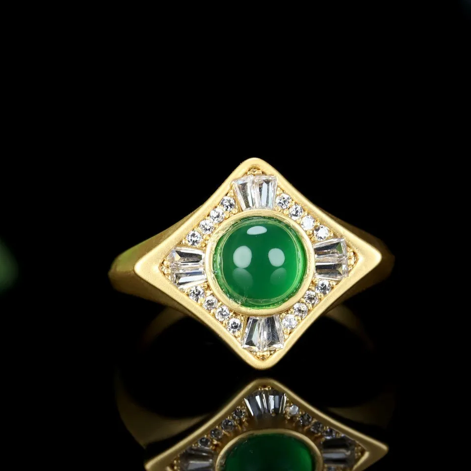 Natural Green Jade Ring Women Fine Jewelry Genuine Myanmar Jadeite Copper With 24k Gold Plated Burma Jades Zircon Rhombus Rings