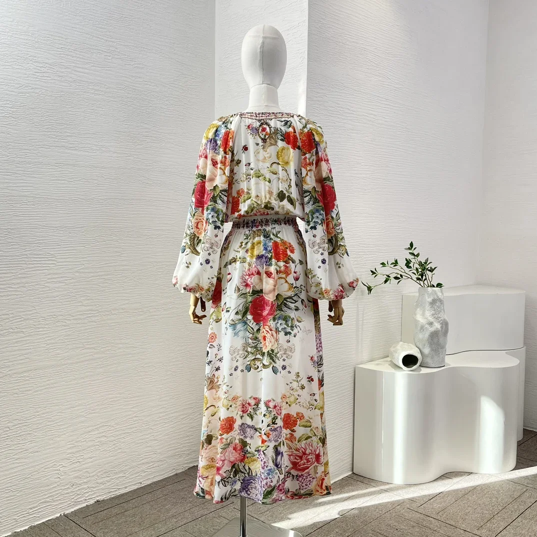 2024 Elegant Summer Midi  Dress New Silk White Red Flowers Print Long Sleeve Deep V Neck Diamonds for Office Lady Holiday