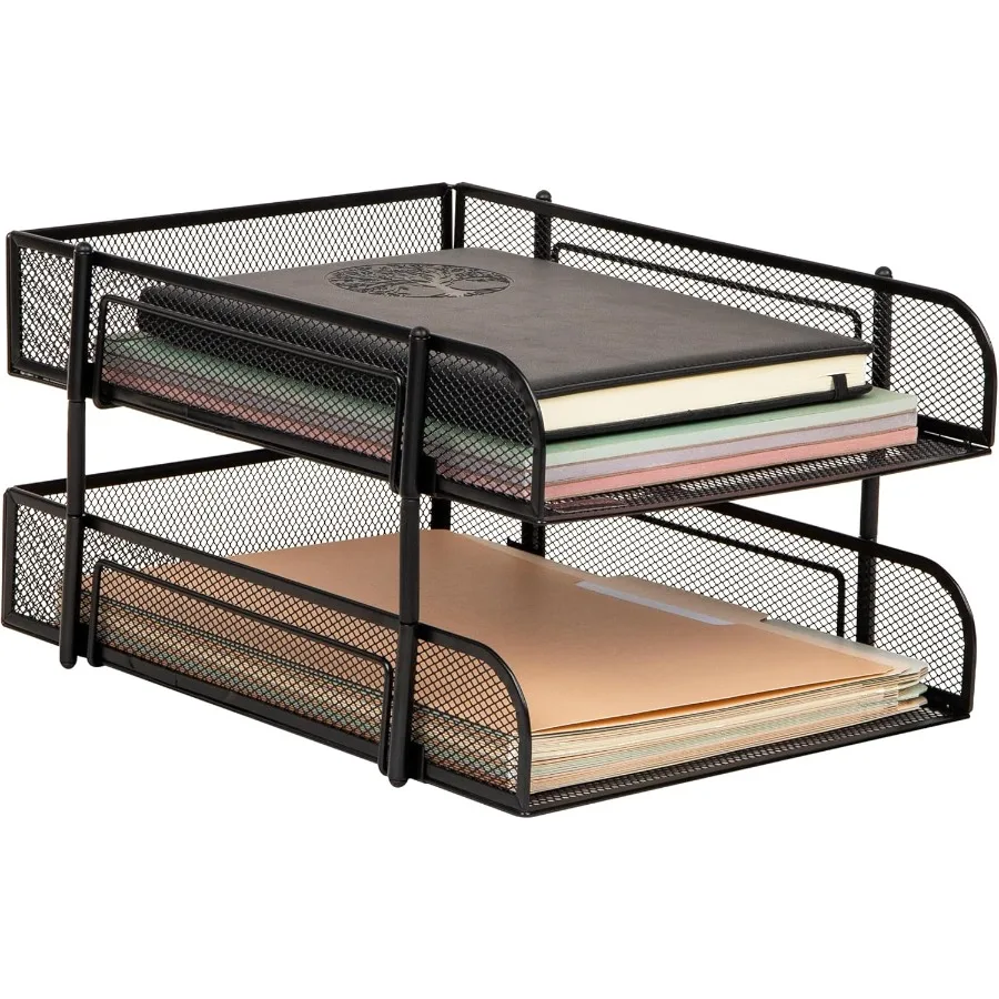 منظم سطح المكتب لعلبة الورق القابلة للتكديس لتخزين الملفات المكتبية مع تصميم شبكي معدني، مجموعة عملية وأنيقة مكونة من قطعتين في Bl #2