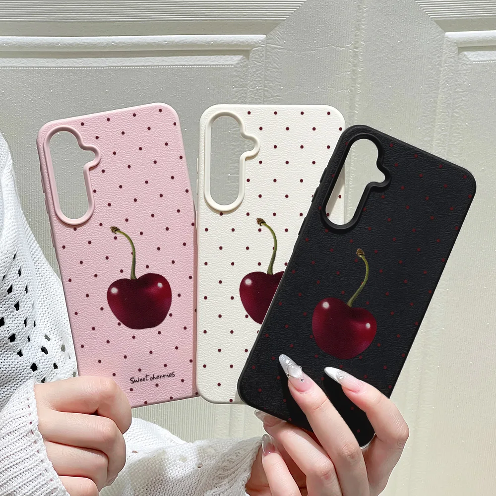 Polka Dots Kirsch-Handyhülle für Samsung A56 5G A16 A17 A55 A36 A53 A35 A06 A07 A26 A34 S25 Ultra S24 FE S23 Weiche Lederhülle