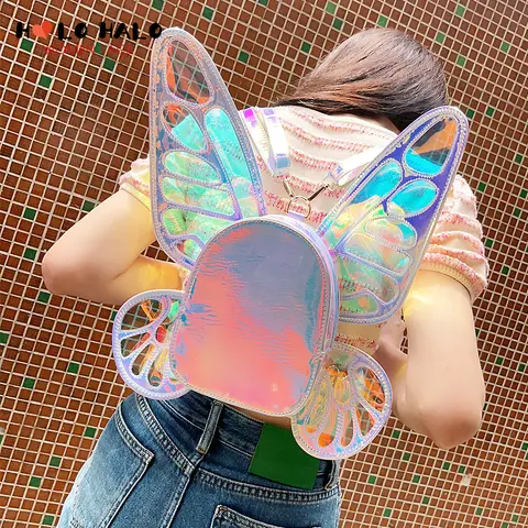 Mochila divertida con alas de mariposa y Ángel, mochila escolar láser para mujer, mochila informal de viaje para niña, bolso escolar de cuero holográfico