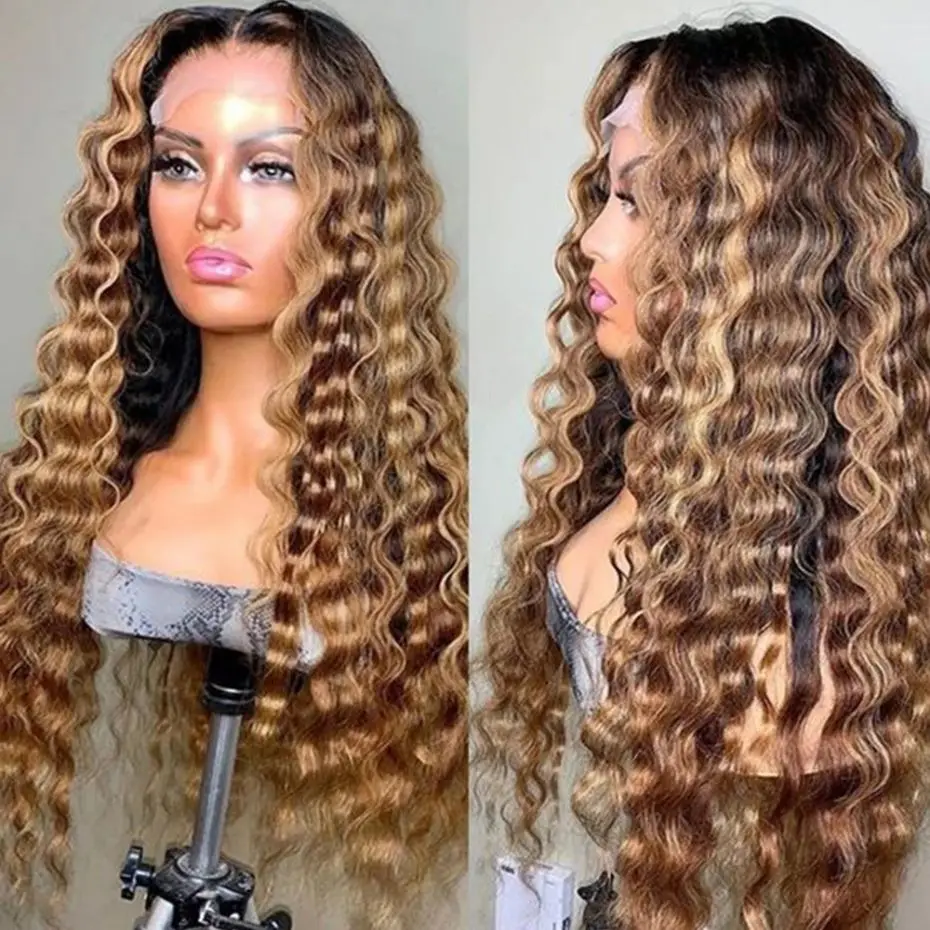 Onda profunda peruca de cabelo humano mel loira destaque onda água 13x4 13x6 hd peruca dianteira do laço brasileiro remy fechamento do laço cabelo humano