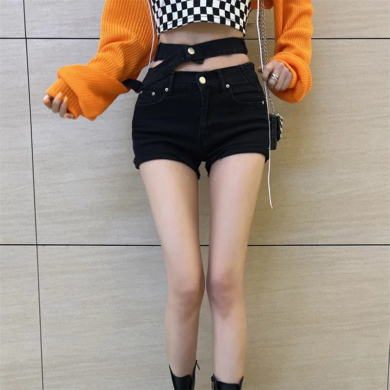 Sexy Punk Asymmetric Slim Cutout Washed Denim Shorts Summer Denim Shorts