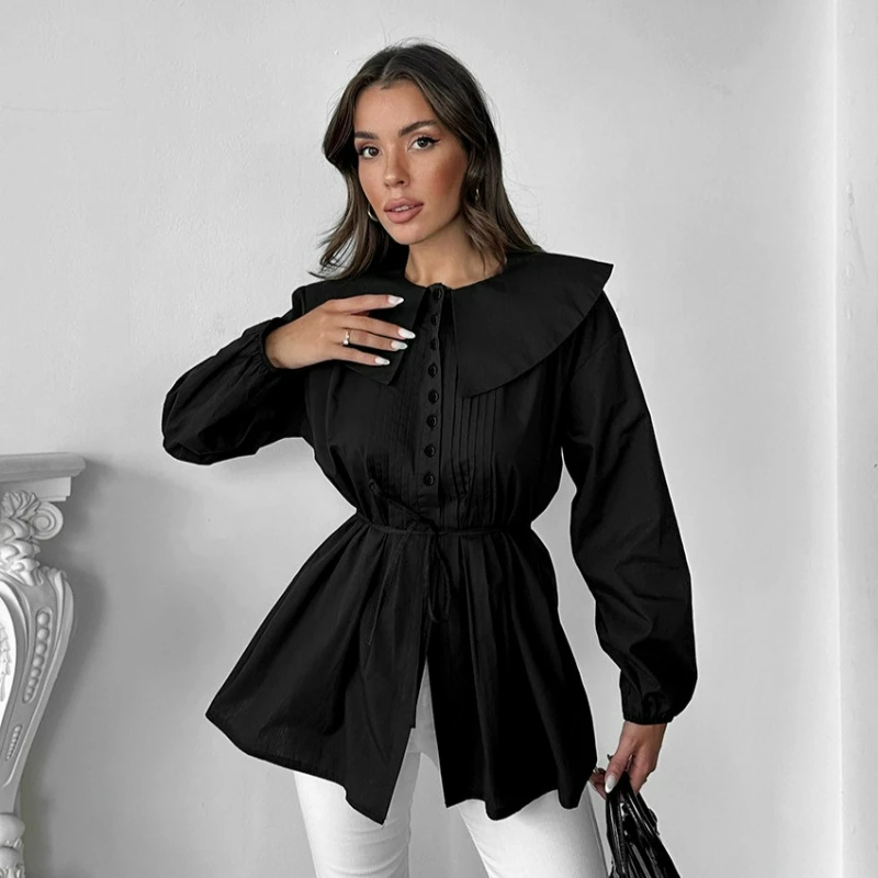 

Новая модная женская рубашка из чистого хлопка цвета хаки с плиссировкой и завязками, подчеркивающая талию, для офиса, осень 2026