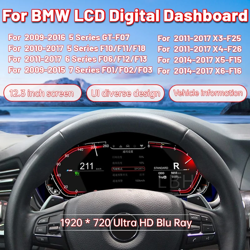 Car 12.3'' LCD Digital Dashboard Panel for 5/6/7 Series X3 X4 X5 X6 Cockpits Virtual Instrument Cluster Speedometer Odometer