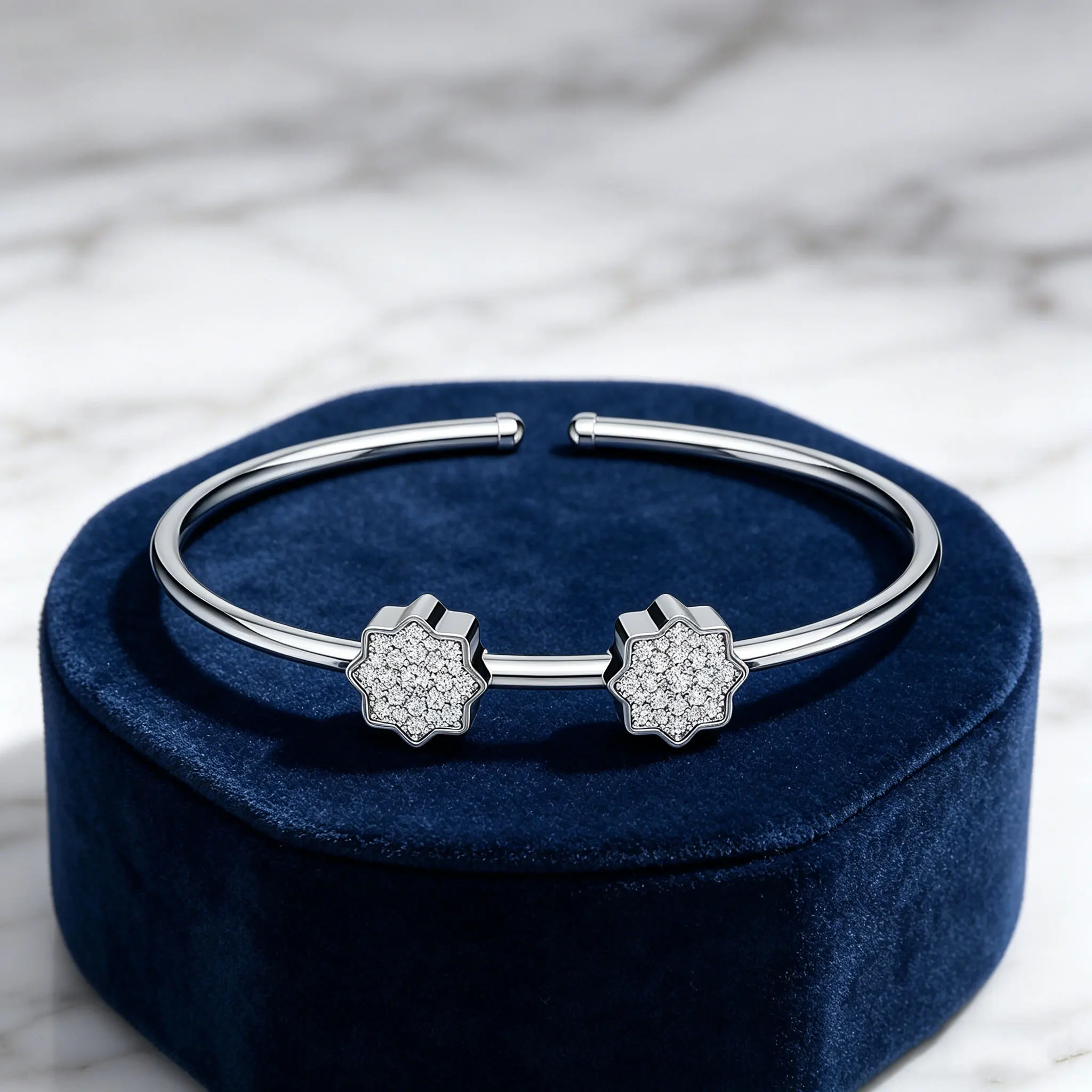 

Moissanite Double Star Pave Open Bangle Bracelet 925 Silver White Gold Plated Dainty Cuff for Women Stackable Daily Wear Party G