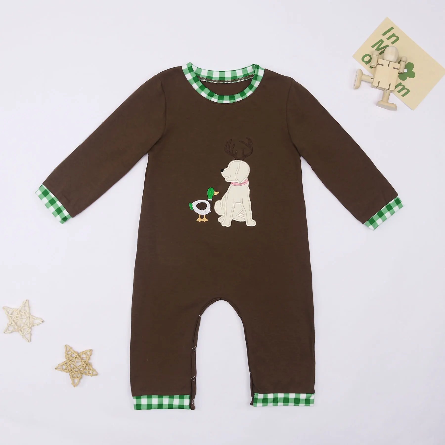 Baby Cotton Long T-shirt Set Round Neck Puppy And Duck Printing Boy Brown Top Clothes And Green Lattice Suit Romper Pullovers