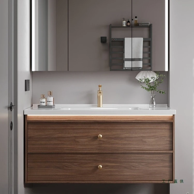 #Middle Ancient Style Ceramic Integrated Basin Bathroom Cabinet Combination Bathroom Walnut Color Hand Wash Basin Cabinet Wash