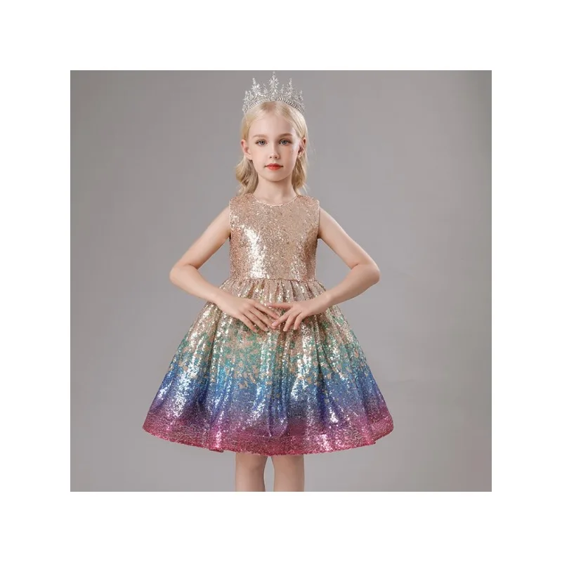 Girls' Dress New Sleeveless Children's Princess Dress Gradient Champagne Gold Sequined Catwalk Show Dress  Prom Dresses 4-6y