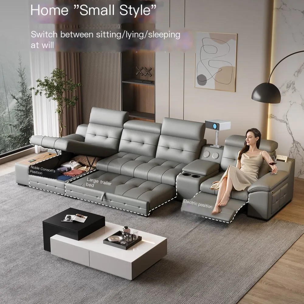Customizable Electric Reclining Sectional Sofa Bed with Cup Holder & Adjustable Headrests – Italian Genuine Leather Convertible