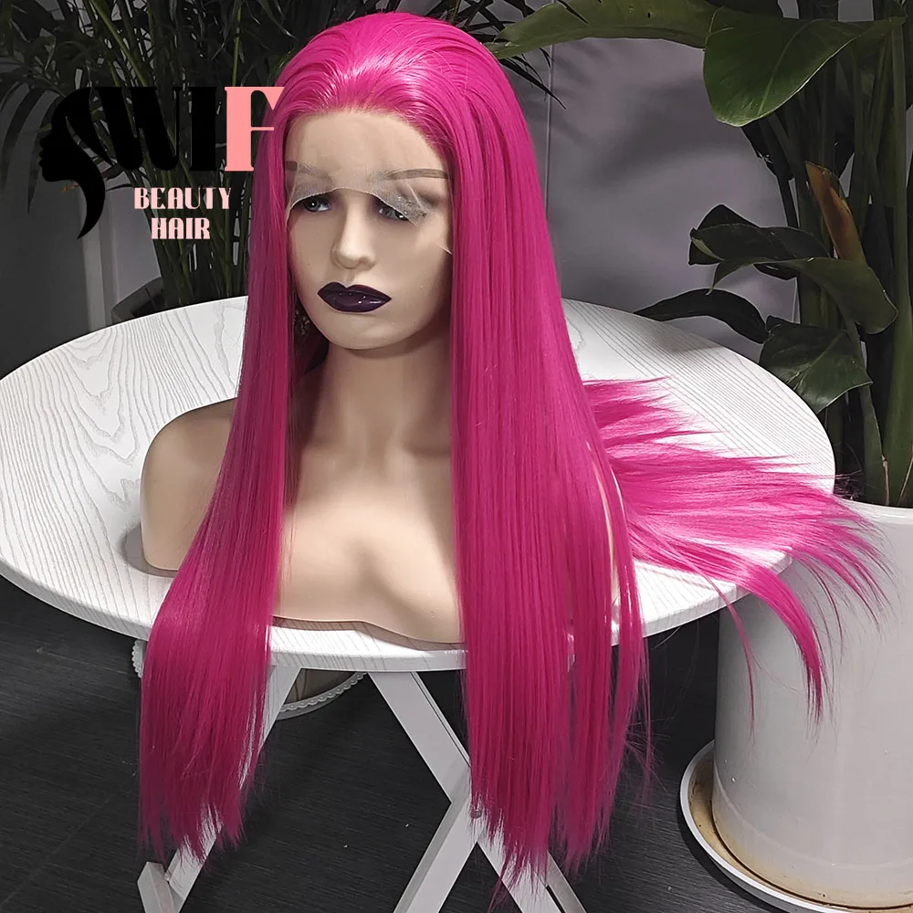 WIF Long Straight Brilliant Pink Color Synthetic Wig Silk Straight Rose Pink Hair Heat Friendly Fiber Makeup Cosplay Women Wigs