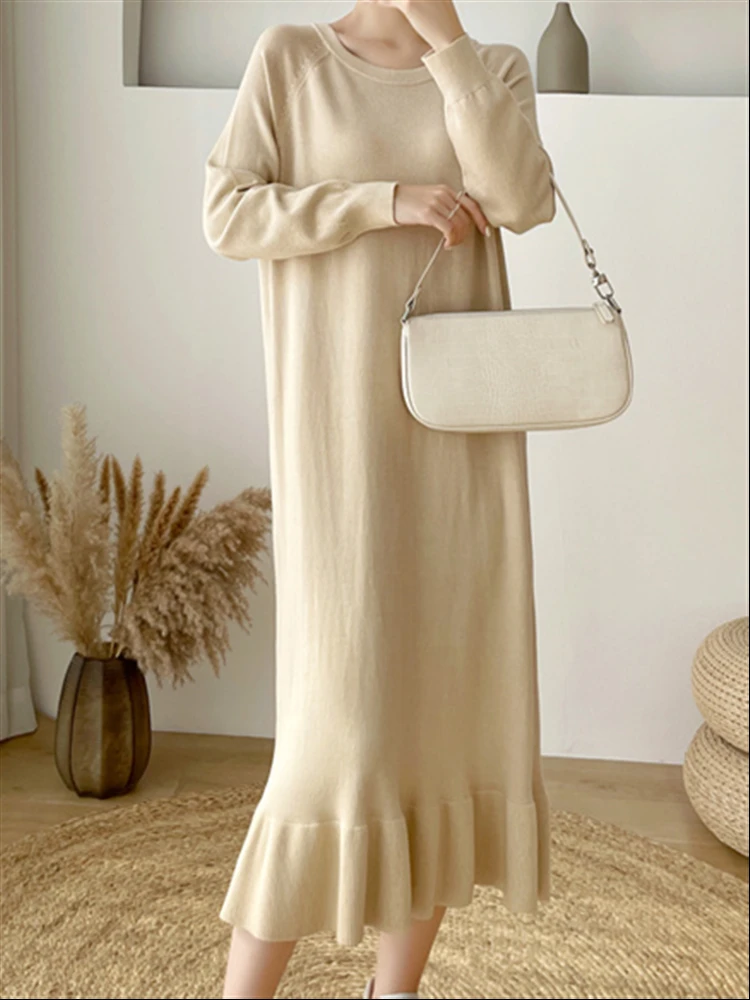 

Элегантная плотная вязаная зимняя одежда в Корейском стиле, новые винтажные женские платья 2022, однотонное теплое осеннее платье-свитер, женское платье хаки