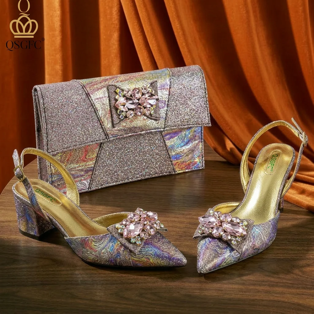 Italian Design Elegant Evening Shoes And Bag Set African Crystal Comfortable Shoes And Capacity Bag Commuter Women's Shoes