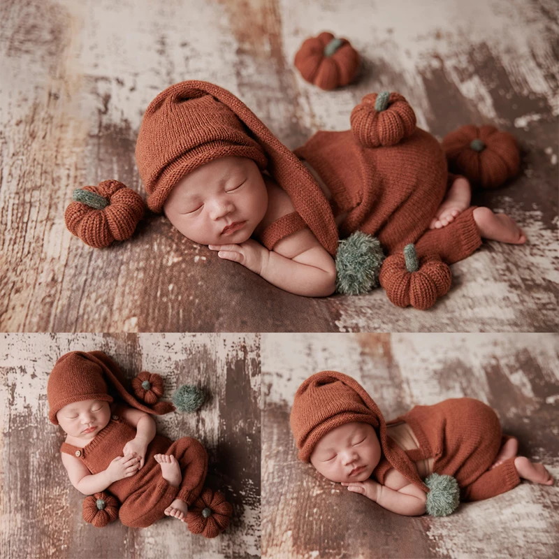 

KD Newborn Photography Props Woolen Hat Overalls Knitted Baby Outfit Handmade knitted Pumpkin Infant Shoot Posing Decoration