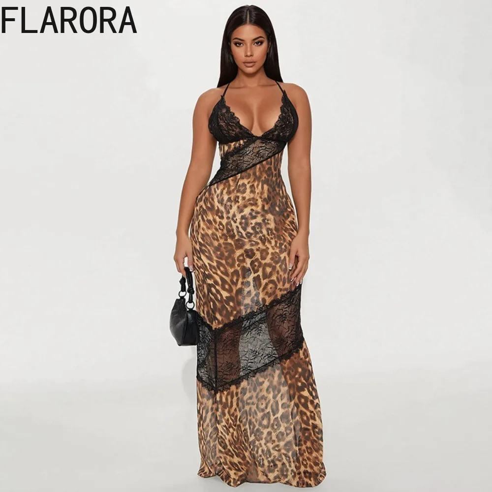 FLARORA เซ็กซี่ลูกไม้เสือดาว Patchwork ชุดนางเงือกผู้หญิงสปาเก็ตตี้สายคล้องคอลึก V Backless Bodycon ชุดราตรี Vestidos