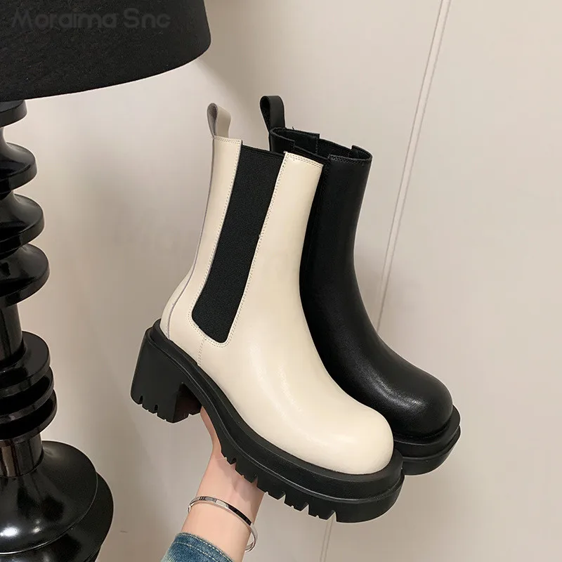 

Color Block Platform Chelsea Boots Genuine Leather Simple Design Thick Heel Chimney Boots Elastic Fashionable Women's Boots