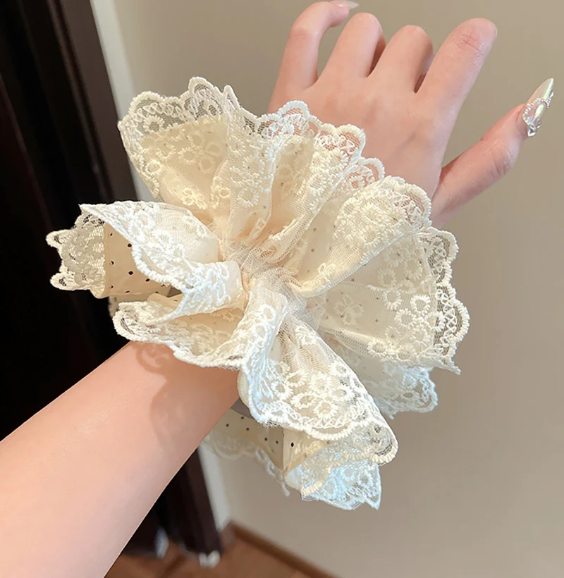 French Style Polka Dot Ruffle Lace Oversized Hair Scrunchies Women 4 layers Large Hair Ties Ponytail Holder Korean Headdress - view 3