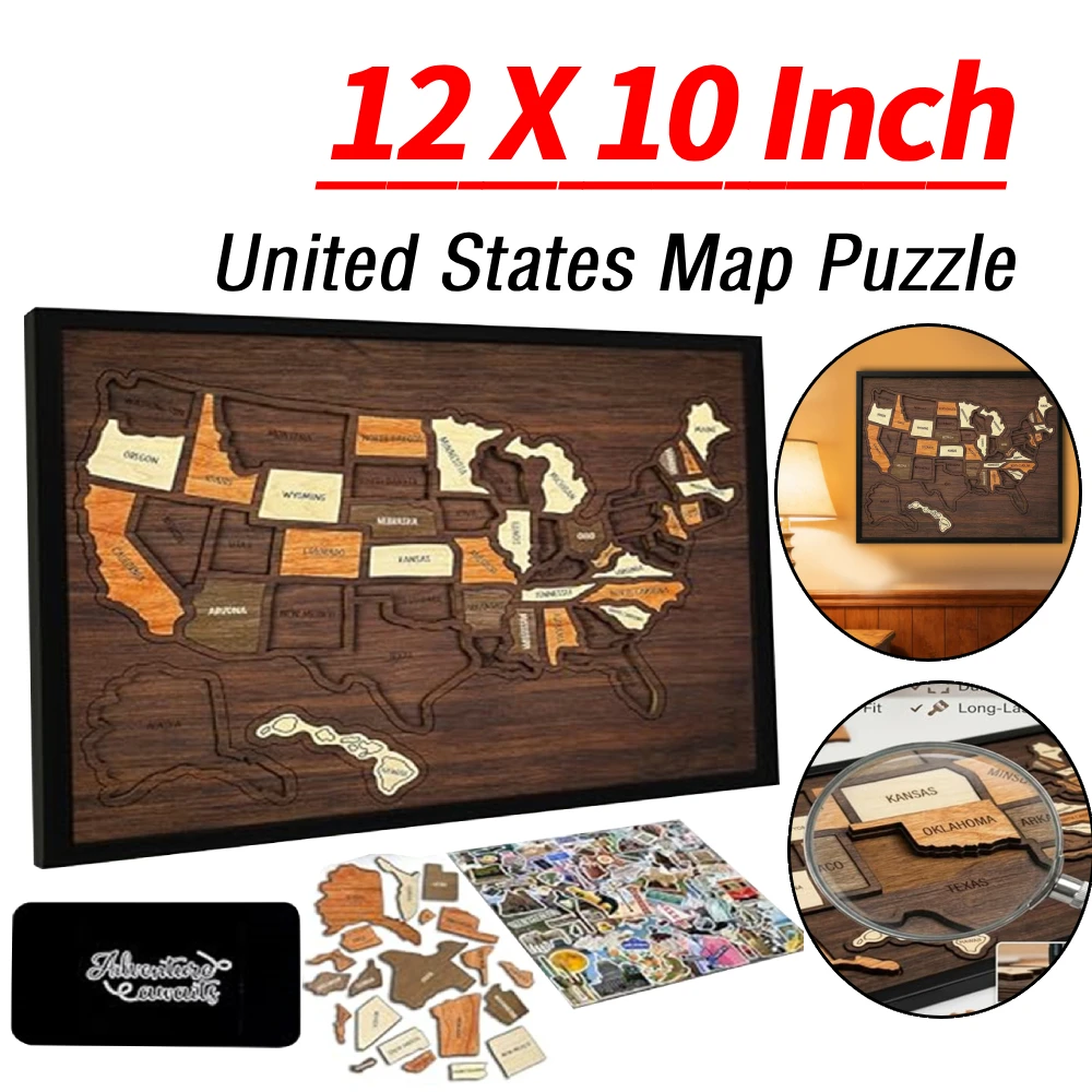 Quebra-Cabeça de Mapa dos Estados Unidos em Madeira 12 X 10 Polegadas, Quebra-Cabeça Leve do Mapa dos EUA para Viagens, Arte de Parede para Casa e Sala de Aula, Decoração de Casa